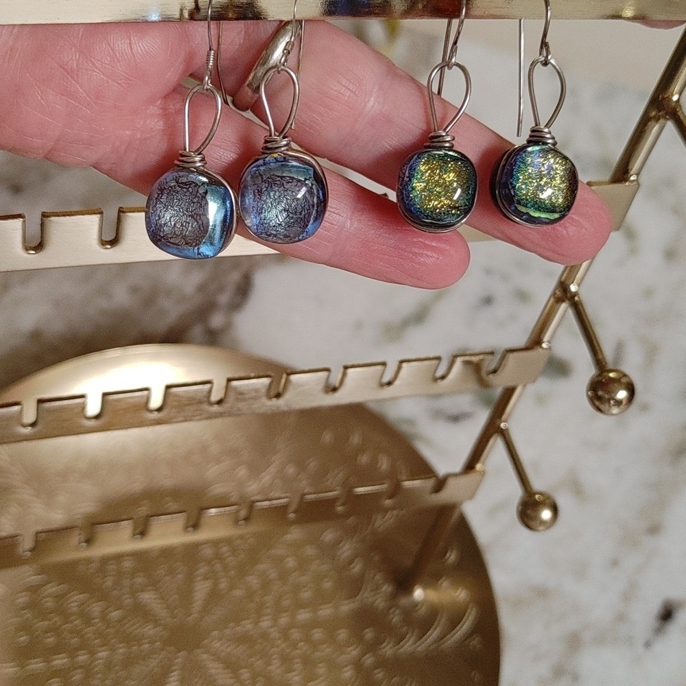 Round Dichroic Glass Sterling Wrapped Earrings - Picture 15 of 16